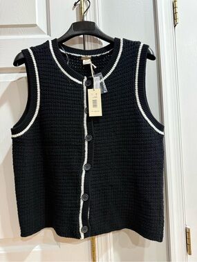 Magaschoni Black Sleeveless Knit Cardigan with White Trim